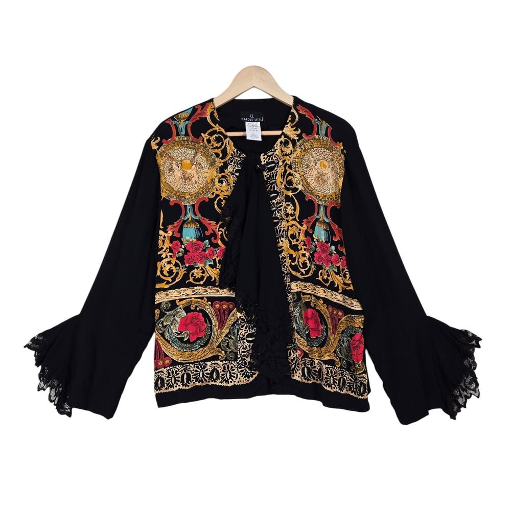 VTG CL Carole Little Top sz 14 Black Multi Cherubs Angels Lace Art To Wear Boho